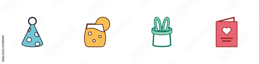 Set Party hat, Cocktail, Magician and rabbit ears and Postcard with heart icon. Vector