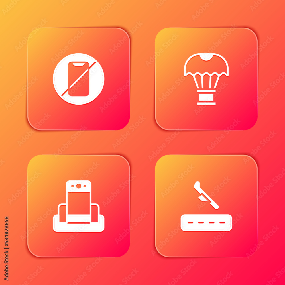Set No cell phone, Box flying parachute, Metal detector airport and Plane landing icon. Vector Set No cell phone, Box flying parachute, Metal detector airport and Plane landing icon. Vector