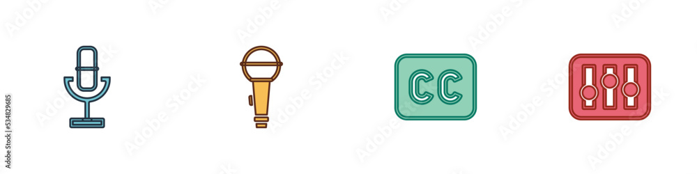 Set Microphone, , Subtitles and Sound mixer controller icon. Vector Set Microphone, , Subtitles and Sound mixer controller icon. Vector