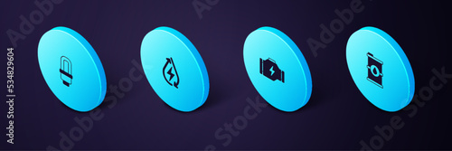 Set Isometric Bio fuel barrel, Check engine, Water energy and LED light bulb icon. Vector