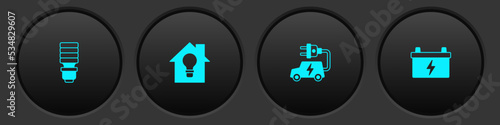 Set LED light bulb, Smart house and, Electric car and Car battery icon. Vector
