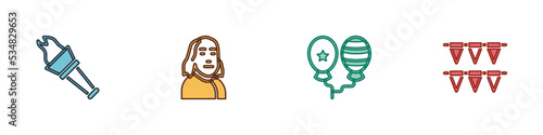 Set Torch flame, Benjamin Franklin, Balloons and Carnival garland with flags icon. Vector