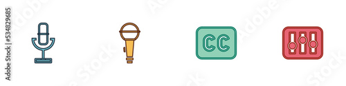 Set Microphone, , Subtitles and Sound mixer controller icon. Vector