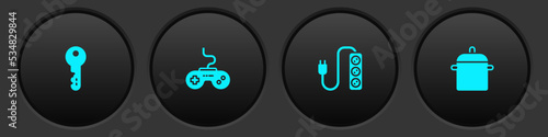 Set House key, Gamepad, Electric extension and Cooking pot icon. Vector