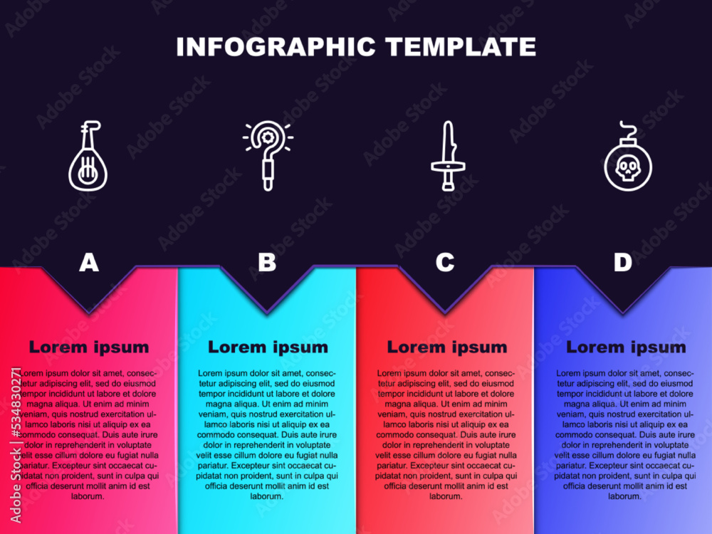 Set line Lute, Magic wand, Dagger and Bomb ready to explode. Business infographic template. Vector