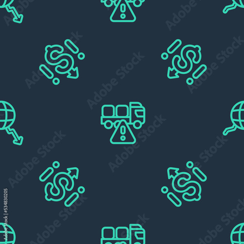 Set line Stop delivery cargo truck, Dollar rate decrease and Global economic crisis on seamless pattern. Vector