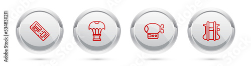 Set line Airline ticket, Box flying on parachute, Airship and Parachute. Silver circle button. Vector
