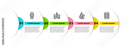 Set line Death from smoking, Disease lungs, No electronic cigarette and Nicotine gum blister pack. Business infographic template. Vector