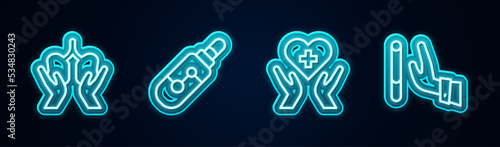 Set line Lungs, Electronic cigarette, Heart with cross and Giving up. Glowing neon icon. Vector