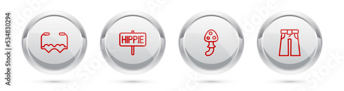 Set line Heart shaped love glasses, Peace, Psilocybin mushroom and Jeans wide. Silver circle button. Vector