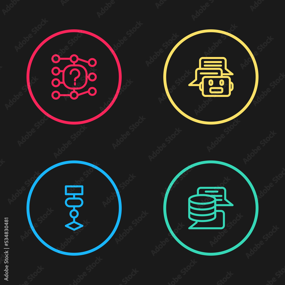 Set line Algorithm, Server, Data, Chat bot and Neural network icon. Vector Set line Algorithm, Server, Data, Chat bot and Neural network icon. Vector