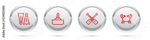 Set line Flippers for swimming, Floating buoy, Paddle and Crab. Silver circle button. Vector