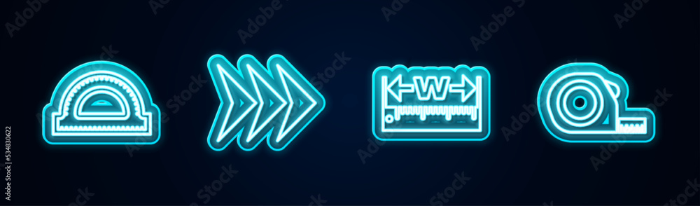 Set line Protractor grid, Arrow, Measuring height and length and Roulette construction. Glowing neon icon. Vector Set line Protractor grid, Arrow, Measuring height and length and Roulette construction. Glowing neon icon. Vector
