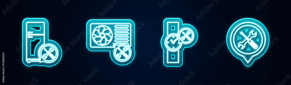 Set line Refrigerator service, Air conditioner, Wrist watch and Location. Glowing neon icon. Vector Set line Refrigerator service, Air conditioner, Wrist watch and Location. Glowing neon icon. Vector