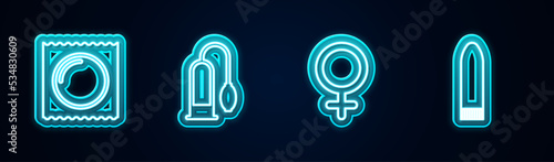 Set line Condom in package, Penis pump, Female gender symbol and Dildo vibrator. Glowing neon icon. Vector