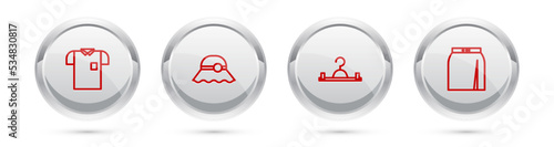 Set line Polo shirt, Elegant women hat, Hanger wardrobe and Skirt. Silver circle button. Vector