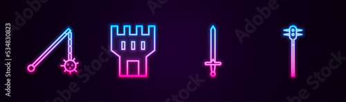 Set line Medieval chained mace ball, Castle tower, sword and . Glowing neon icon. Vector