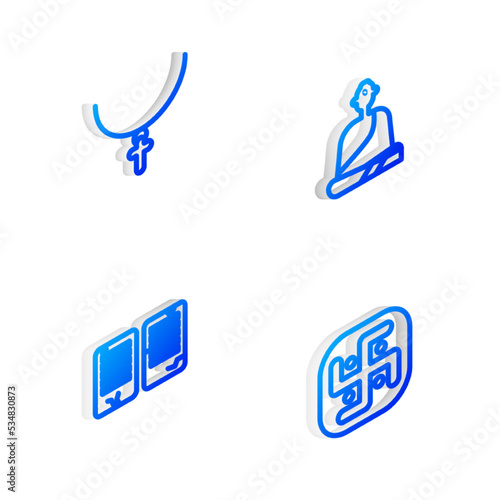 Set Isometric line Buddhist monk, Christian cross chain, The commandments and Jainism icon. Vector