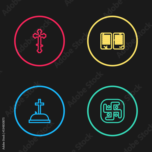Set line Tombstone with cross, Jainism, The commandments and Christian icon. Vector