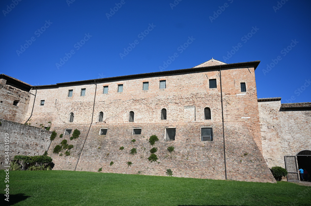 Rimini, Italy: Old fortification in city centre. Castel Sismondo. Historical walls and buildings. 