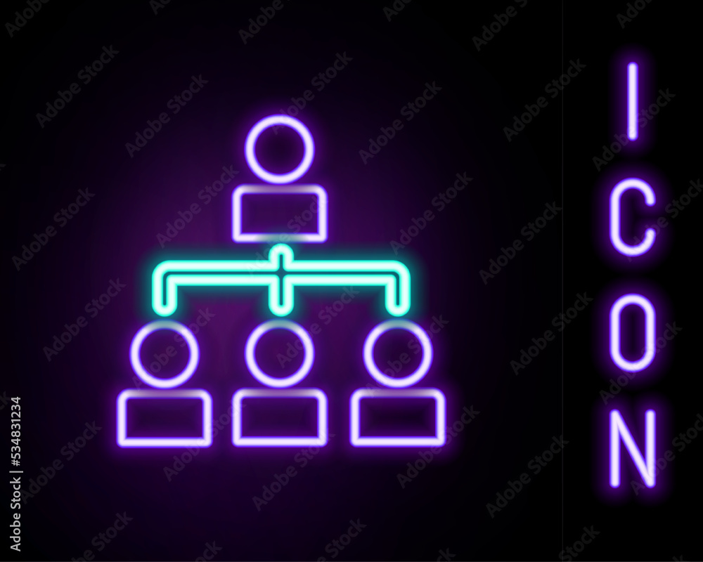Glowing neon line Business hierarchy organogram chart infographics icon isolated on black background. Corporate organizational structure graphic elements. Colorful outline concept. Vector Glowing neon line Business hierarchy organogram chart infographics icon isolated on black background. Corporate organizational structure graphic elements. Colorful outline concept. Vector