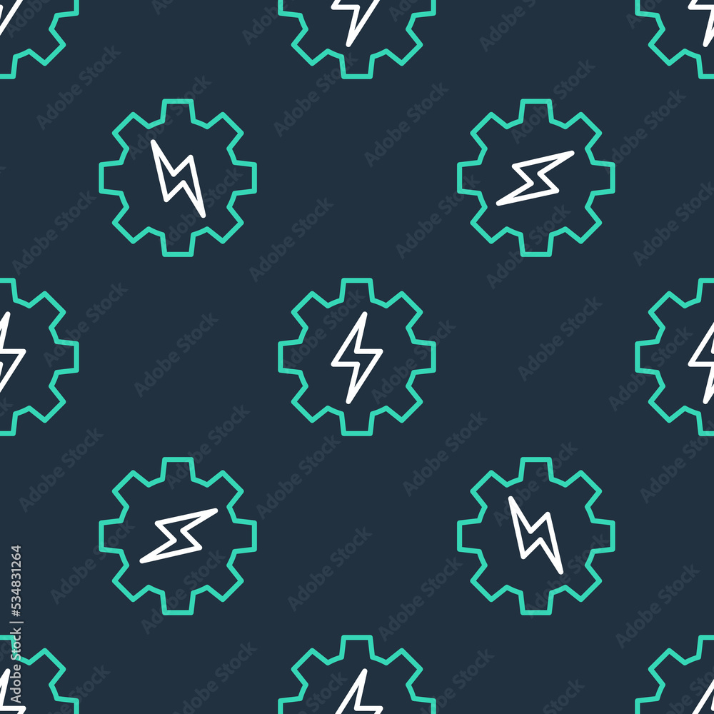 Line Gear and lightning icon isolated seamless pattern on black background. Electric power. Lightning bolt sign. Vector Line Gear and lightning icon isolated seamless pattern on black background. Electric power. Lightning bolt sign. Vector