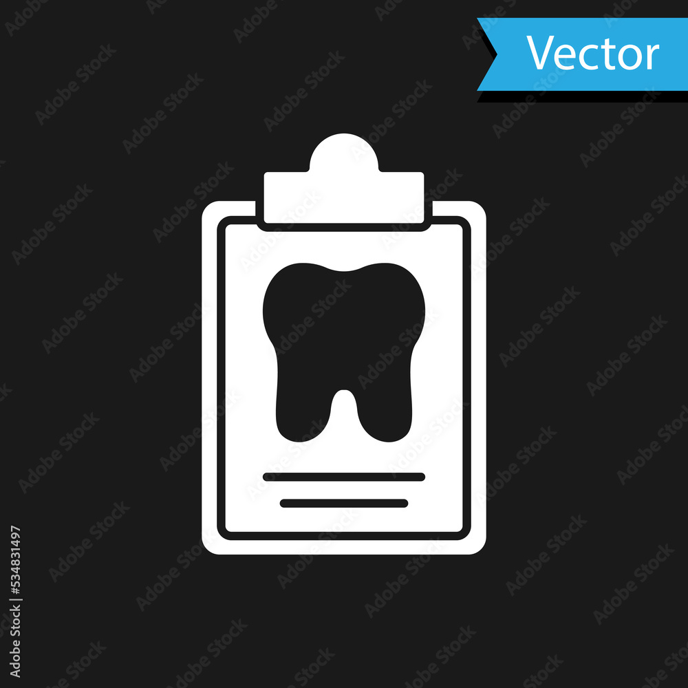 White Clipboard with dental card or patient medical records icon isolated on black background. Dental insurance. Dental clinic report. Vector White Clipboard with dental card or patient medical records icon isolated on black background. Dental insurance. Dental clinic report. Vector