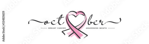 October breast cancer awareness month modern handwritten calligraphy lettering pink calligraphy ribbon design white background banner