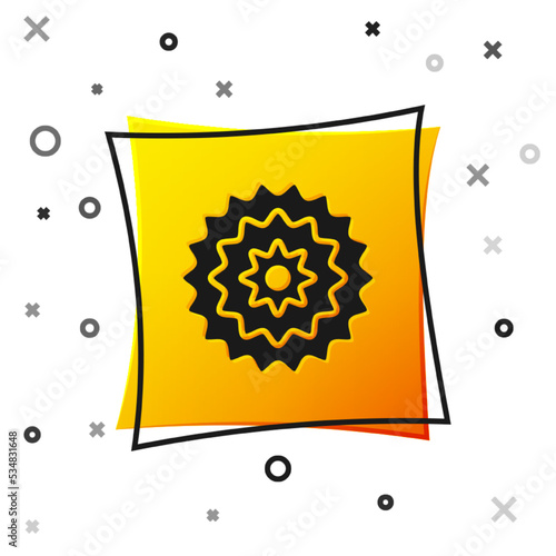 Black Bicycle cassette mountain bike icon isolated on white background. Rear Bicycle Sprocket. Chainring crankset with chain. Yellow square button. Vector