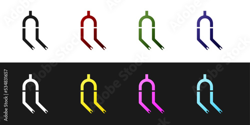 Set Bicycle suspension fork icon isolated on black and white background. Sport transportation spare part steering wheel. Vector