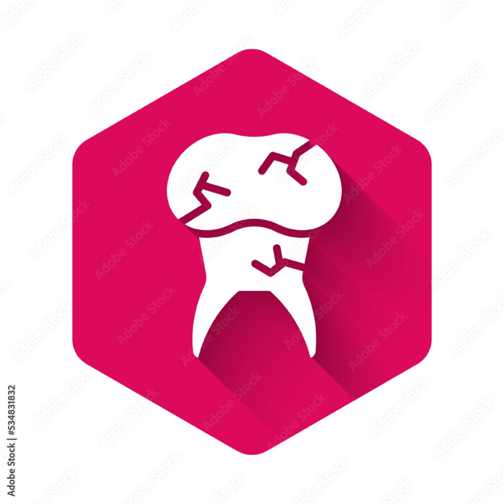 White Tooth with caries icon isolated with long shadow background. Tooth decay. Pink hexagon button. Vector White Tooth with caries icon isolated with long shadow background. Tooth decay. Pink hexagon button. Vector