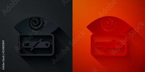 Paper cut Hypnosis icon isolated on black and red background. Human eye with spiral hypnotic iris. Paper art style. Vector