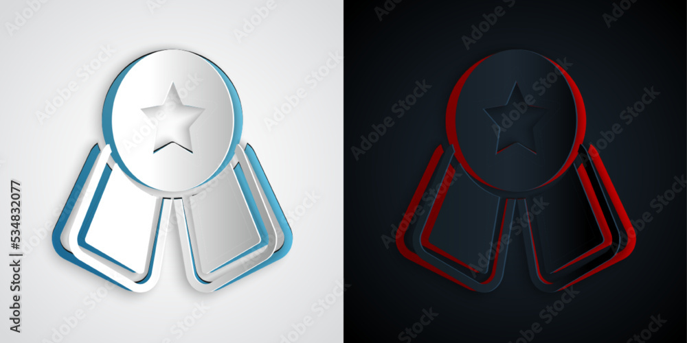 Paper cut Medal with star icon isolated on grey and black background. Winner symbol. Paper art style. Vector Paper cut Medal with star icon isolated on grey and black background. Winner symbol. Paper art style. Vector