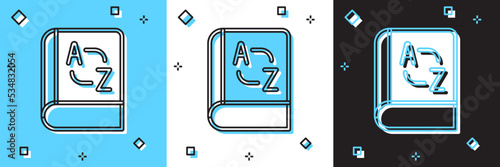 Set Translator book icon isolated on blue and white, black background. Foreign language conversation icons in chat speech bubble. Translating concept. Vector