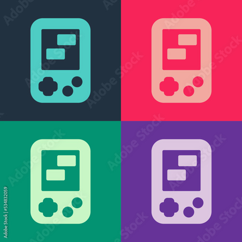 Pop art Portable tetris electronic game icon isolated on color background. Vintage style pocket brick game. Interactive playing device. Vector