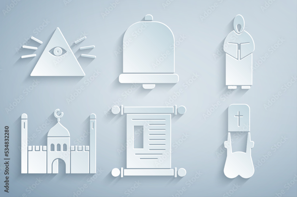 Set Decree, paper, parchment, scroll, Monk, Muslim Mosque, Priest, Church bell and Masons icon. Vector Set Decree, paper, parchment, scroll, Monk, Muslim Mosque, Priest, Church bell and Masons icon. Vector
