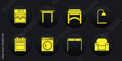 Set Oven, Table lamp, Washer, Wooden table, Chair, Armchair and Kitchen dishwasher machine icon. Vector