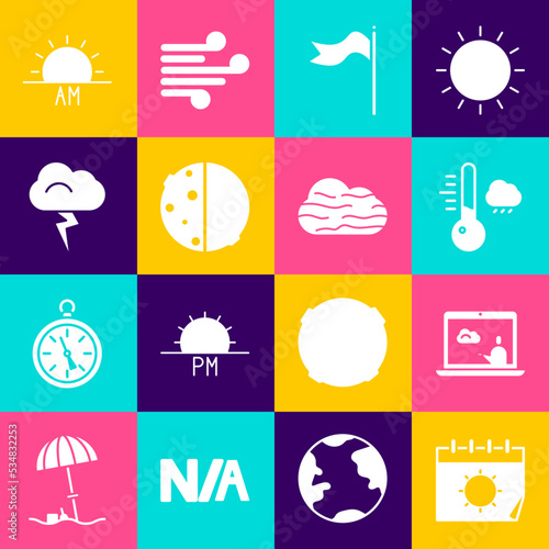 Set Calendar and sun, Weather forecast, Meteorology thermometer, windsock wind vane, Eclipse of, Storm, Sunrise and Fog cloud icon. Vector