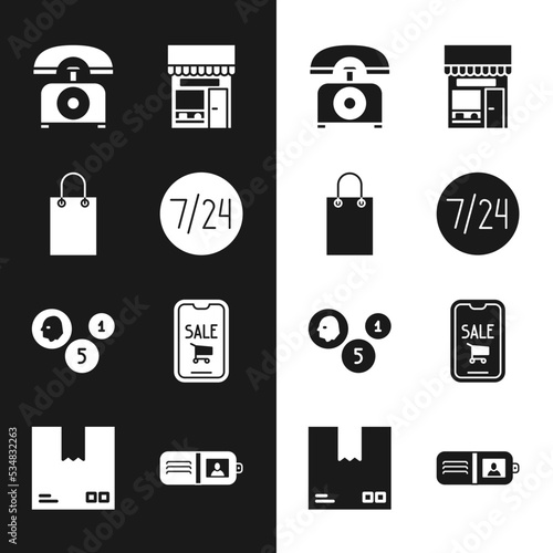 Set Clock 24 hours, Paper shopping bag, Telephone, Shopping building or market store, Coin money, Mobile and cart, Wallet and Cardboard box with traffic symbol icon. Vector