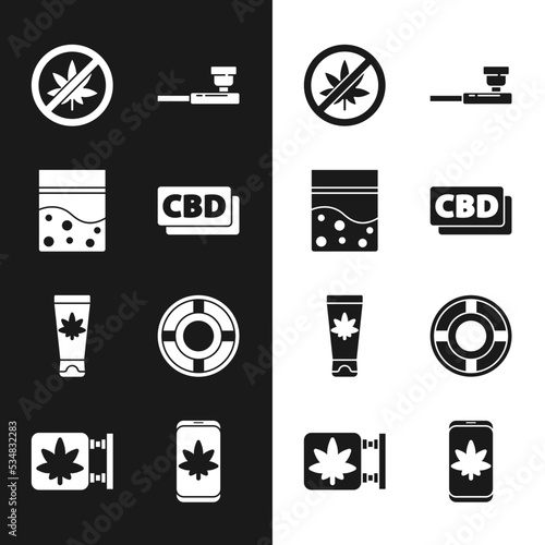 Set Cannabis molecule, Plastic bag of cannabis, Stop marijuana or leaf, Smoking pipe, Medical cream with, Ashtray, Mobile and and Marijuana store icon. Vector