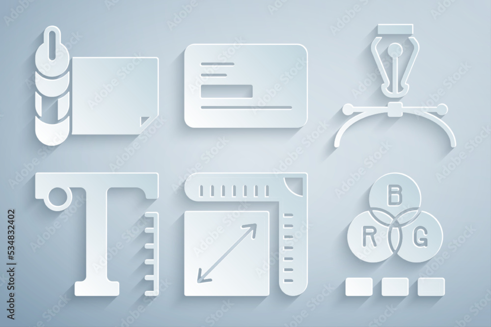 Set Paper size, Fountain pen nib, Text, RGB color mixing, Business card and Roll of paper icon. Vector Set Paper size, Fountain pen nib, Text, RGB color mixing, Business card and Roll of paper icon. Vector