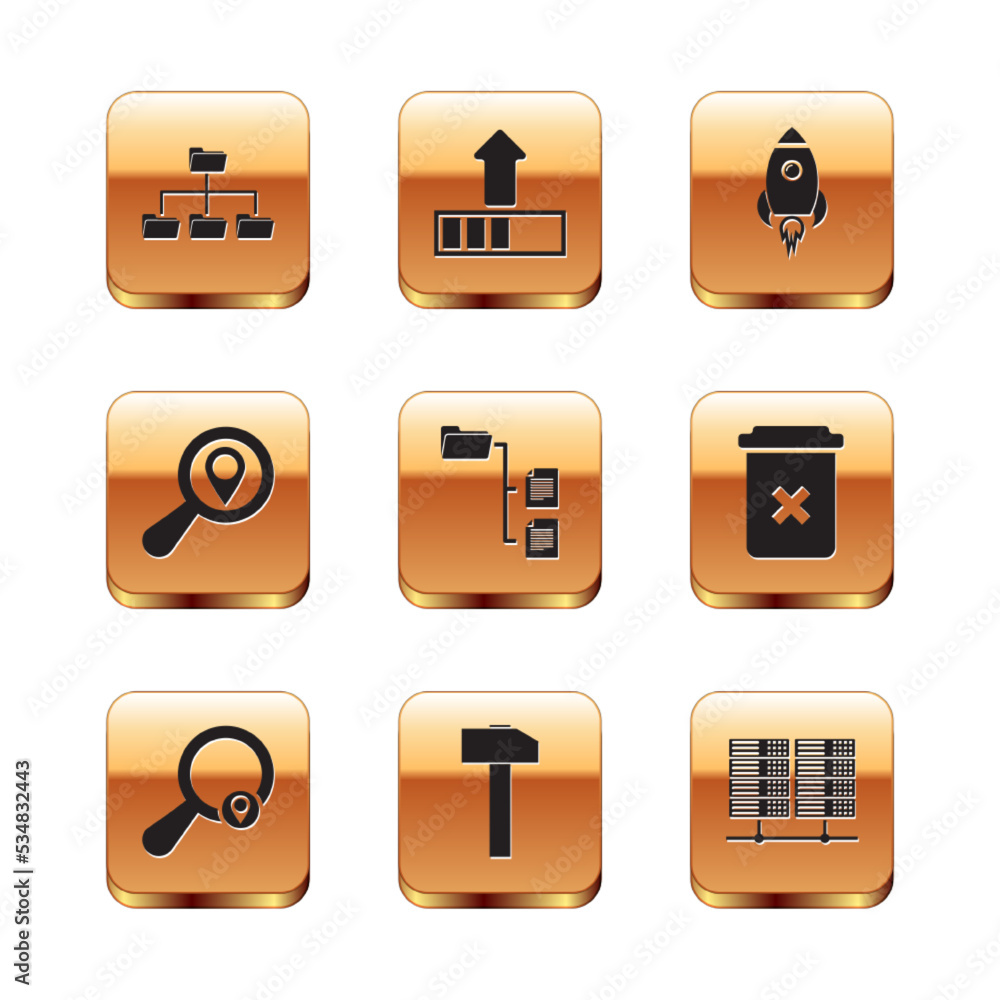 Set Folder tree, Search location, Hammer, , and Rocket ship with fire icon. Vector