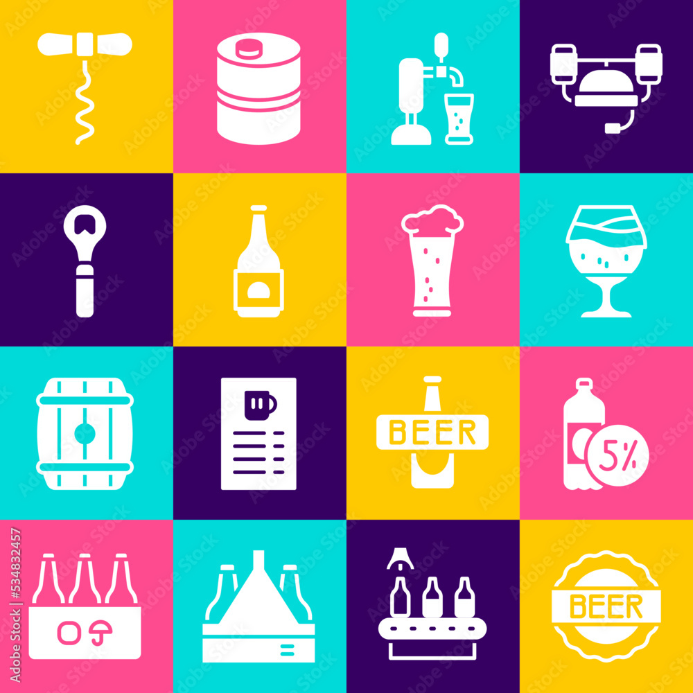 Set Bottle cap with beer, Beer bottle, Glass of, tap glass, opener, Wine corkscrew and icon. Vector Set Bottle cap with beer, Beer bottle, Glass of, tap glass, opener, Wine corkscrew and icon. Vector