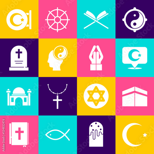 Set Star and crescent, Kaaba mosque, Holy book of Koran, Yin Yang, Tombstone with cross, and Hands praying position icon. Vector