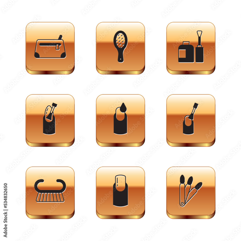 Set Cosmetic bag, Pedicure brush or grater, Nail manicure, Manicure, Bottle of nail polish, False nails and file icon. Vector Set Cosmetic bag, Pedicure brush or grater, Nail manicure, Manicure, Bottle of nail polish, False nails and file icon. Vector