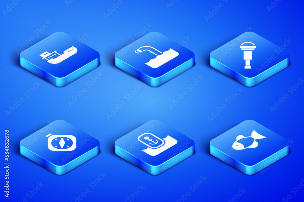 Set Fish, Cargo ship, Location with anchor, Compass, Periscope and Spyglass telescope lens icon. Vector Set Fish, Cargo ship, Location with anchor, Compass, Periscope and Spyglass telescope lens icon. Vector