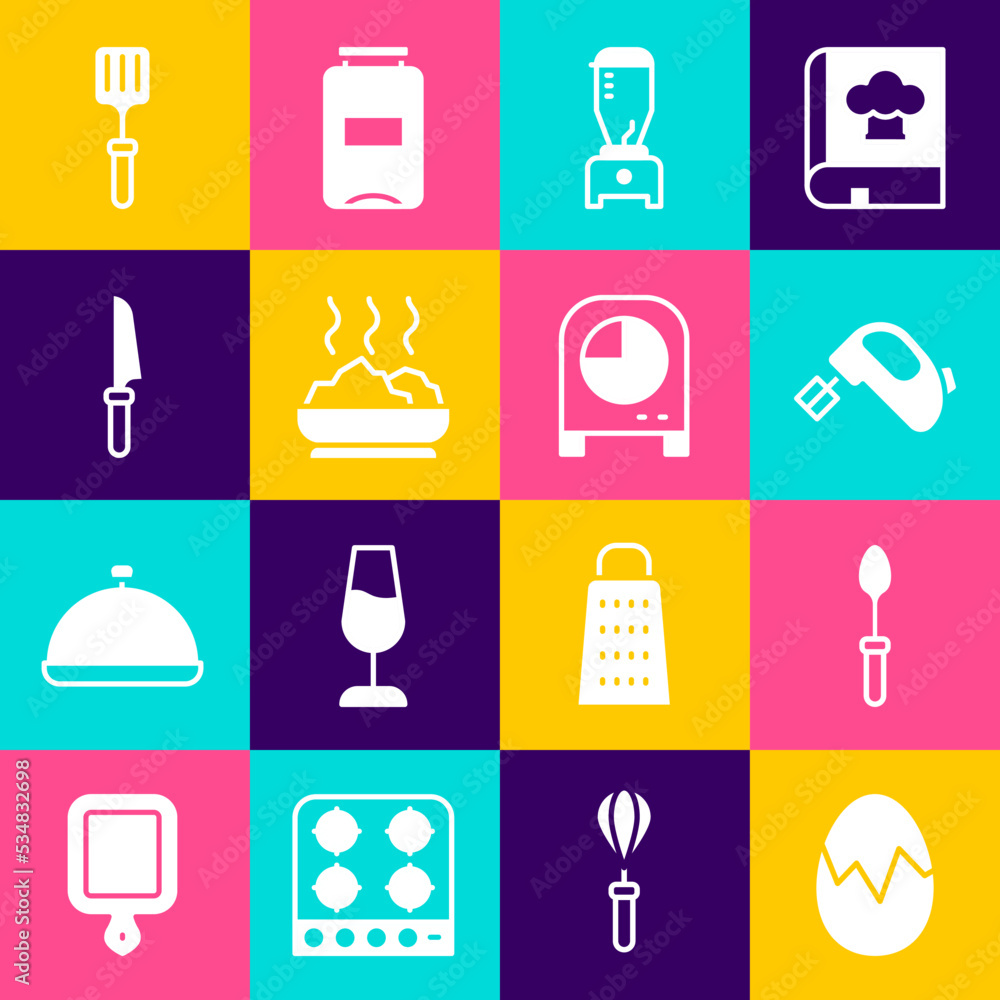 Set Broken egg, Teaspoon, Electric mixer, Blender, Bowl of hot soup, Knife, Barbecue spatula and Kitchen timer icon. Vector Set Broken egg, Teaspoon, Electric mixer, Blender, Bowl of hot soup, Knife, Barbecue spatula and Kitchen timer icon. Vector