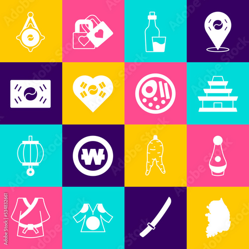 Set South Korea map, Soju bottle, Korean temple, Love with heart, flag, lantern and Ramen icon. Vector