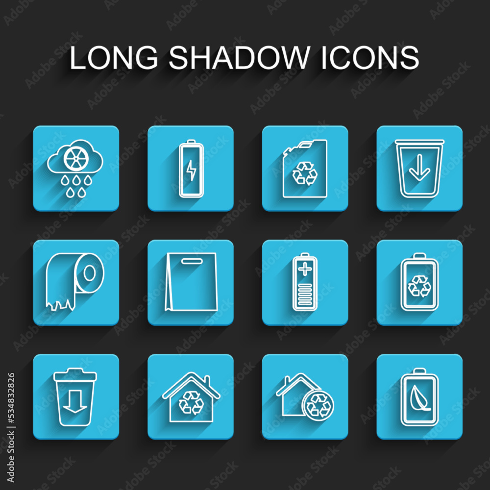 Set line Send to the trash, Eco House with recycling, Acid rain and radioactive cloud, nature leaf battery, Shopping bag, Battery recycle and charge level indicator icon. Vector Set line Send to the trash, Eco House with recycling, Acid rain and radioactive cloud, nature leaf battery, Shopping bag, Battery recycle and charge level indicator icon. Vector