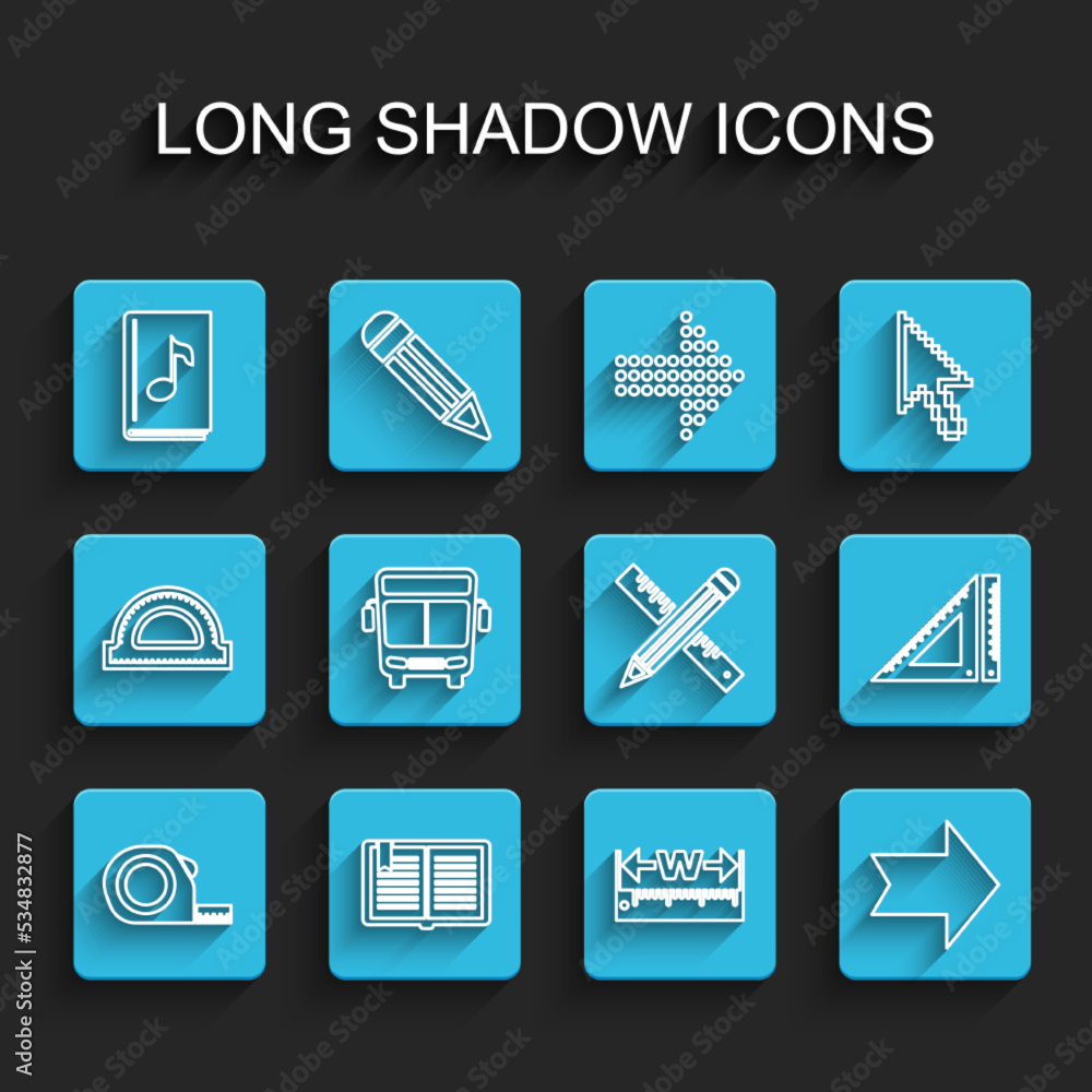 Set line Roulette construction, Open book, Audio, Measuring height and length, Arrow, Bus, Triangular ruler and Crossed pencil icon. Vector Set line Roulette construction, Open book, Audio, Measuring height and length, Arrow, Bus, Triangular ruler and Crossed pencil icon. Vector